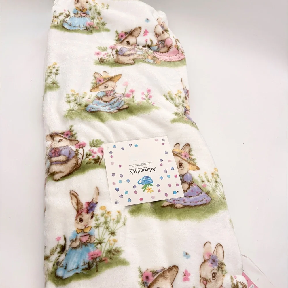 Adirondack Easter Spring‎ Throw Blanket White Bunnies Floral Garden  Tea party
